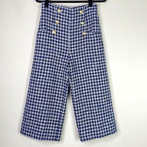 Zara Blue Buttoned Houndstooth Wide Leg Culottes Pants Size Small Side Zip